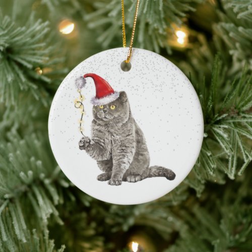 Festive Grey Cat Santa Hat Christmas Ceramic Ornament