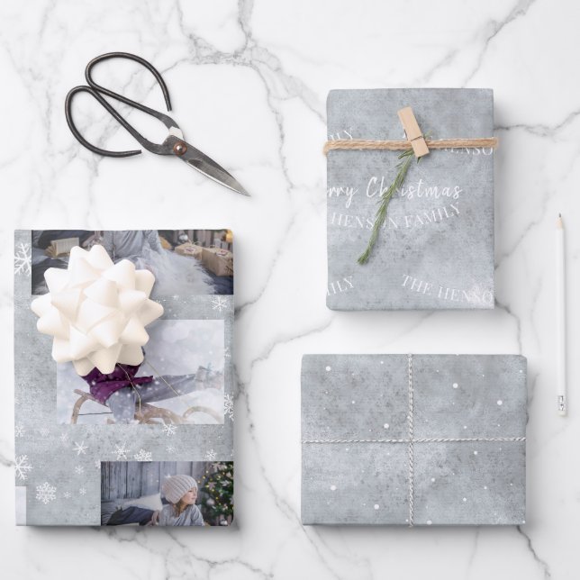 Festive Grey Photo Snowflake Christmas Script Wrapping Paper Sheets (Front)