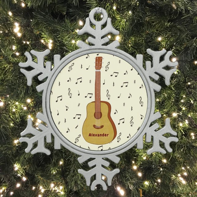 Festive Guitarist Music Lover Design Snowflake Pewter Christmas Ornament (Guitar With Music Notes Personalized Snowflake Pewter Christmas Ornament)