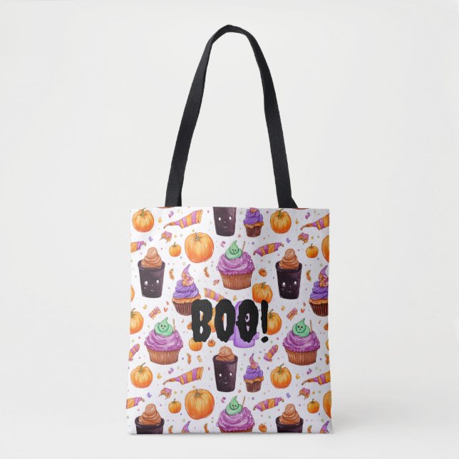Festive Halloween candy, jack - o- lanterns Boo Tote Bag (Front)