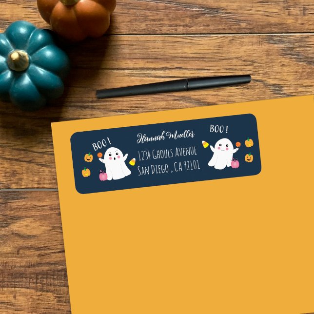 Festive Halloween Ghosts Blue Return Address Label (Creator Uploaded)