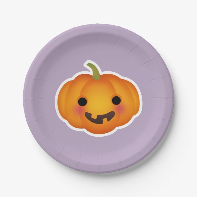 Festive Halloween Orange Pumpkin Purple Background Paper Plates (Front)