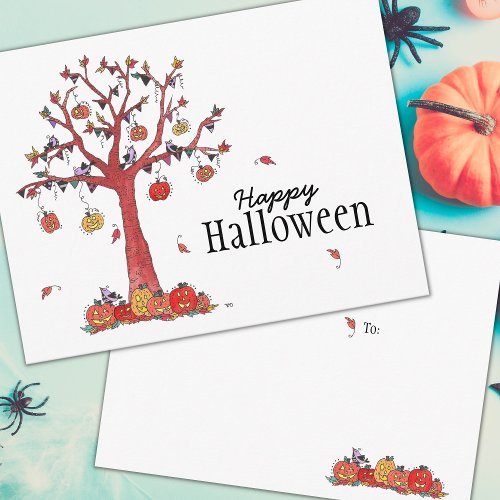 Festive Halloween Party Tree with Birds Invitation Postcard