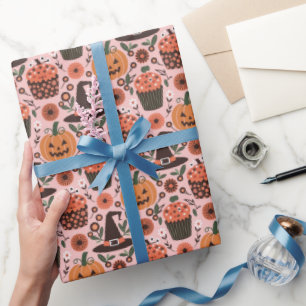 Festive Halloween Pattern   Witches, Pumpkin, Bats Wrapping Paper