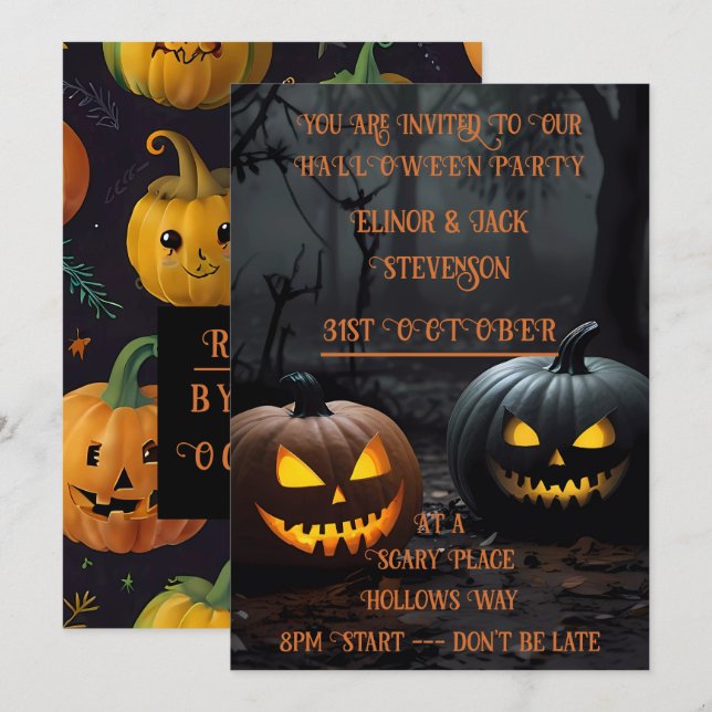 Festive Halloween Pumpkins and Floral Pattern Invitation (Front/Back)