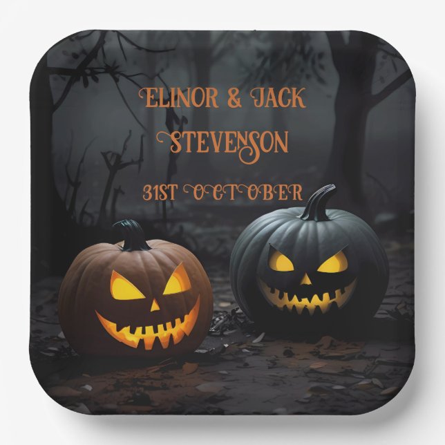 Festive Halloween Pumpkins and Floral Pattern Paper Plates (Front)