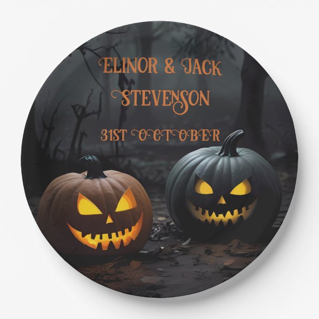 Festive Halloween Pumpkins and Floral Pattern Paper Plates (Front)