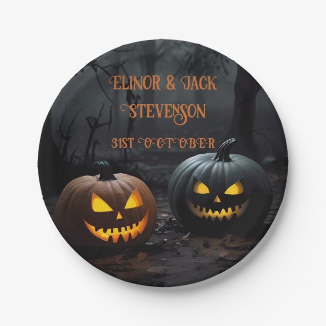 Festive Halloween Pumpkins and Floral Pattern Paper Plates (Front)