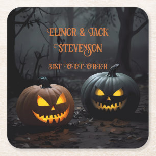 Festive Halloween Pumpkins and Floral Pattern Square Paper Coaster