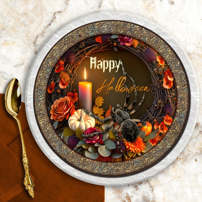 Festive Halloween Spider Paper Plates (Festive Halloween paper plates featuring a floral wreath with candle and pumpkin and a big spider)