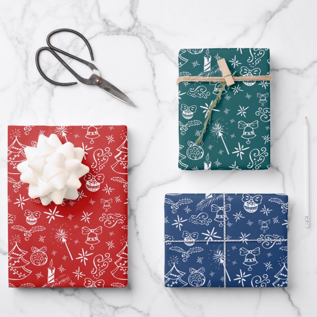 Festive Hand Drawn Doodles Christmas Pattern Wrapping Paper Sheets (Front)