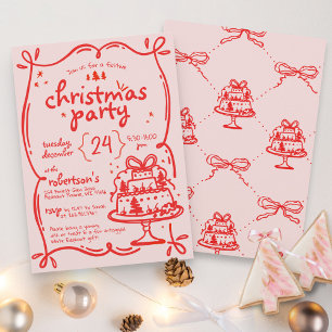 Festive Hand Drawn Red & Pink Bow Christmas Party Invitation