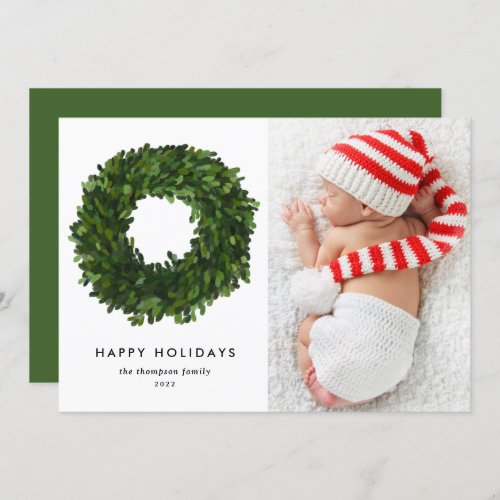 Festive Hand Painted Boxwood Wreath Photo Holiday Card