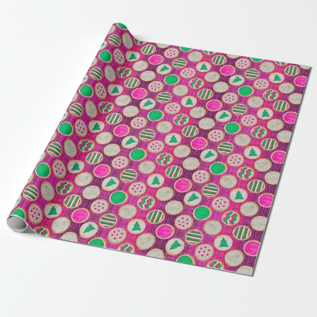 Festive Hand-Painted Sugar Cookies on Hot Pink Wrapping Paper (Unrolled)