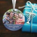 Festive Hanukkah Menorah Pattern Holiday Photo Ceramic Ornament<br><div class="desc">Festive Hanukkah Menorah Pattern Holiday Photo Ornament featuring a rustic pattern of menorahs on the back and your custom photo and text on the other side.</div>
