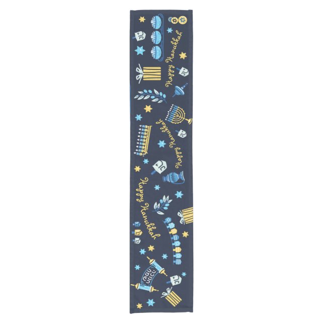 Festive Hanukkah Personalized Menorah Dreidel Short Table Runner (Front)