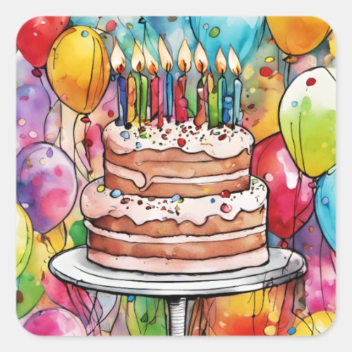 Festive Happy Birthday Cake, Candles & Balloons Square Sticker