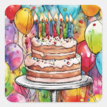 Festive Happy Birthday Cake, Candles &amp; Balloons Square Sticker