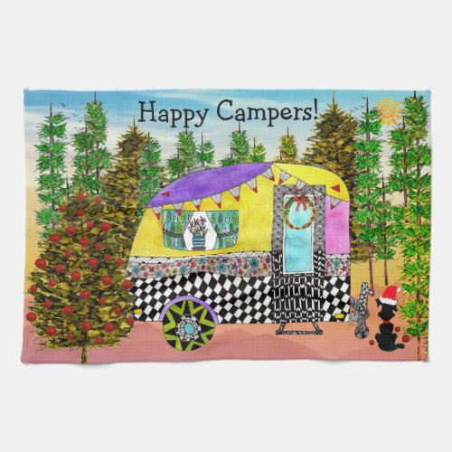 Festive Happy Camper Travel Trailer Kitchen Towel