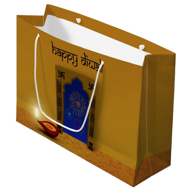 Festive Happy Diwali Fireworks - Large Gift Bag (Front Angled)