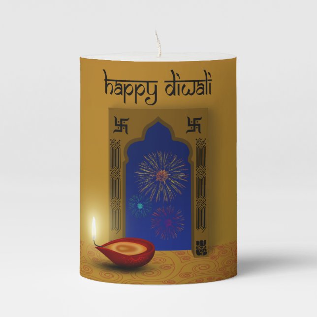 Festive Happy Diwali Fireworks - Pillar Candle (Front)