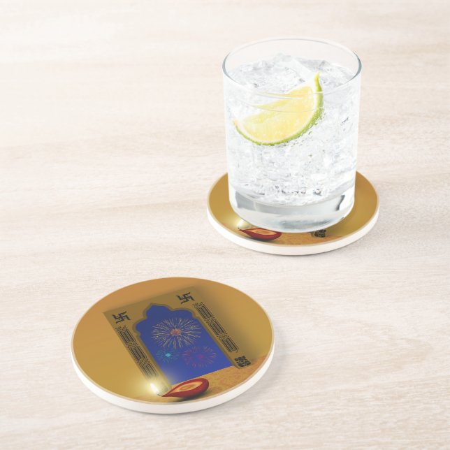 Festive Happy Diwali Fireworks - Sandstone Coaster (Side)