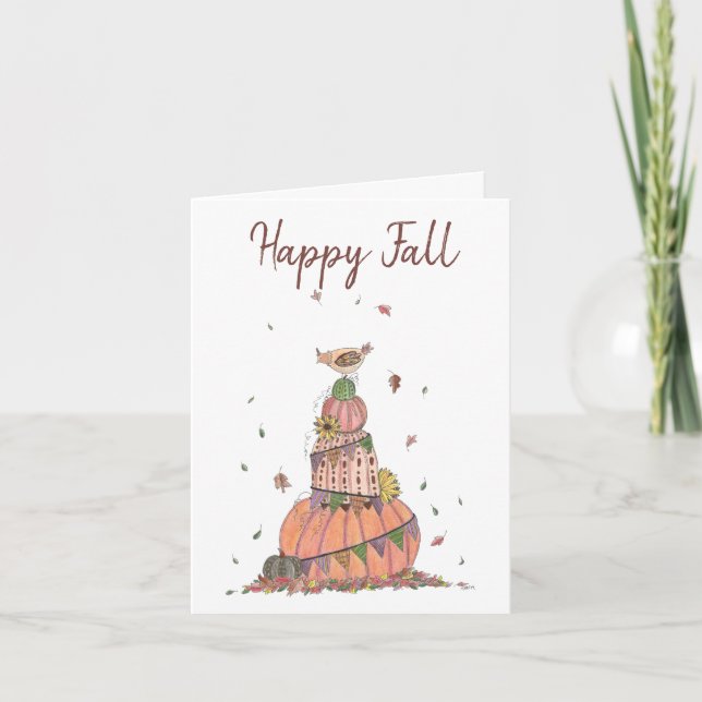 Festive Happy Fall Pumpkin Stack with Chicken Card (Front)