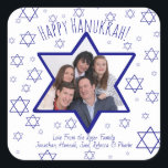 Festive Happy Hanukkah Star of David Photo Frame Square Sticker<br><div class="desc">These fun stickers make great gift tags or envelope seals. They feature a cute design with a Star of David photo frame where you can upload your picture. The background is white with lots of festive blue stars of David resembling snowflakes. Great way to add a whimsical touch to your...</div>
