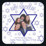 Festive Happy Hanukkah Star of David Photo Frame Square Sticker<br><div class="desc">These fun stickers make great gift tags or envelope seals. They feature a cute design with a Star of David photo frame where you can upload your picture. The background is white with lots of festive blue stars of David resembling snowflakes. Great way to add a whimsical touch to your...</div>