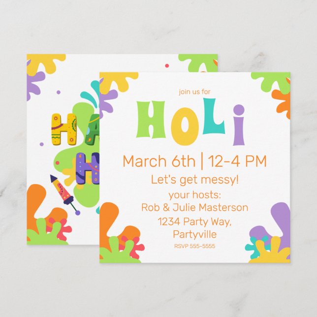 Festive Happy Holi Colorful Paint Splashes Invitation (Front/Back)