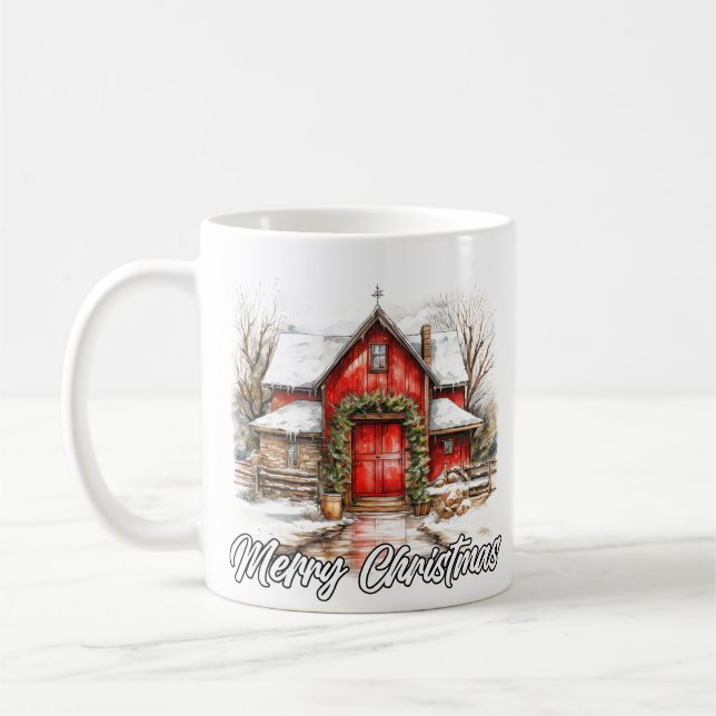 Festive Happy Holidays Country House Coffee Mug (Left)