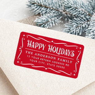Festive Happy Holidays elegant red return address Label