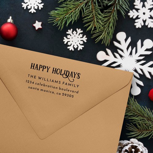 Festive Happy Holidays Family Name Return Address Rubber Stamp