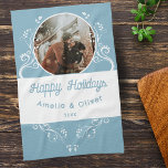 Festive Happy Holidays Foliage Blue Couple Photo  Kitchen Towel<br><div class="desc">Festive Happy Holidays Foliage Blue Couple Photo kitchen towel. Lovely white foliage on a blue background. Personalize the towel with your names,  photo and year.</div>