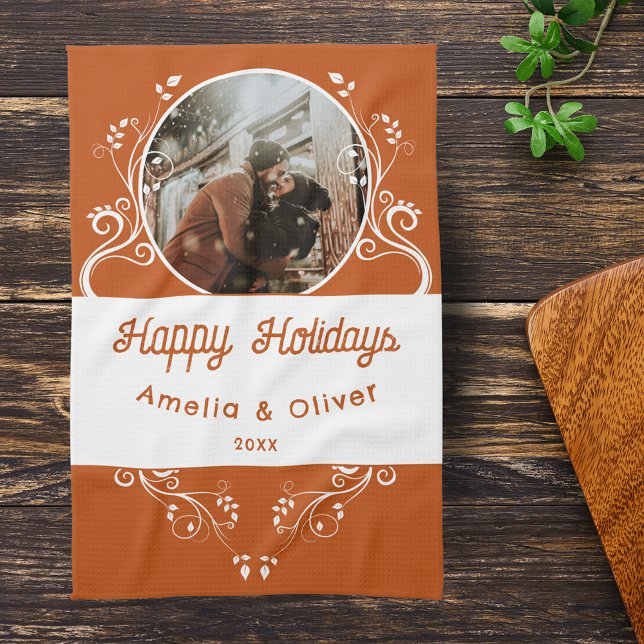 Festive Happy Holidays Foliage Orange Couple Photo Kitchen Towel (Creator Uploaded)