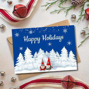 Festive Happy Holidays Gnomes Snowy Trees Holiday Card