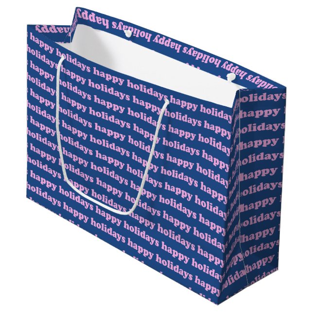 Festive Happy Holidays Text Retro Pink Blue Large Gift Bag (Front Angled)