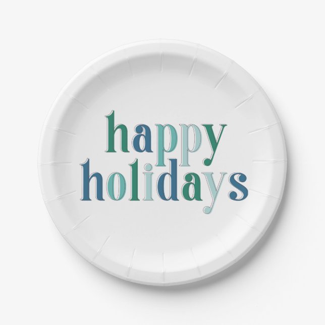 Festive Happy Holidays typography Blue design Paper Plates (Front)