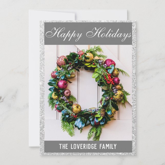 Festive Happy Holidays Wreath Gray Silver Glitter Holiday Card (Front)