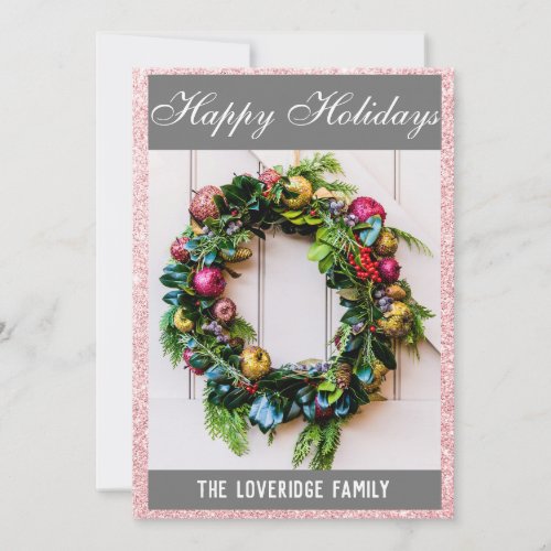 Festive Happy Holidays Wreath Rose Gold Glitter Holiday Card