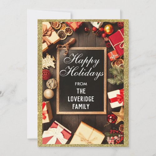 Festive Happy Holidays Xmas Party Gold Glitter Holiday Card