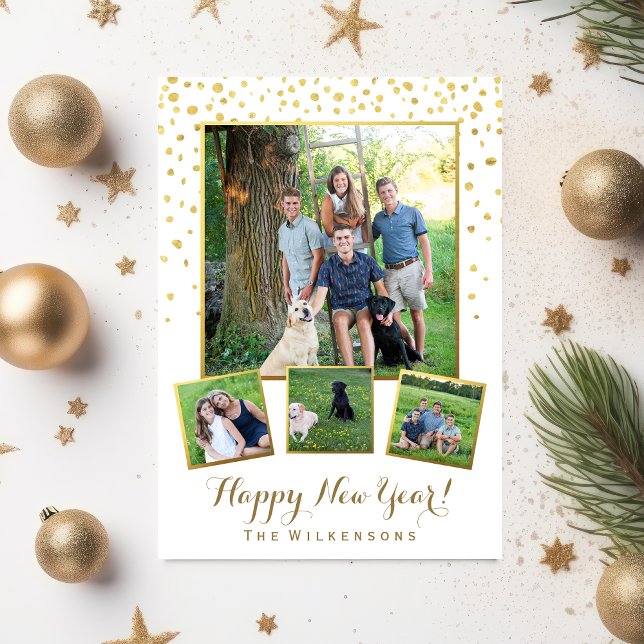 Festive Happy New Year Gold Confetti Photo Collage Holiday Card (Creator Uploaded)