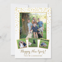 Festive Happy New Year Gold Confetti Photo Collage Holiday Card
