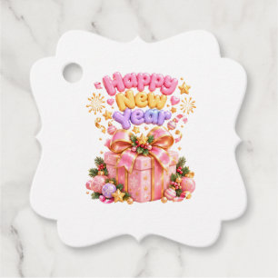 Festive Happy New Year Pink Gift Box Graphic Favor Tags