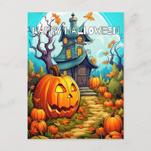 Festive Haunted House In Autumn Postcard
