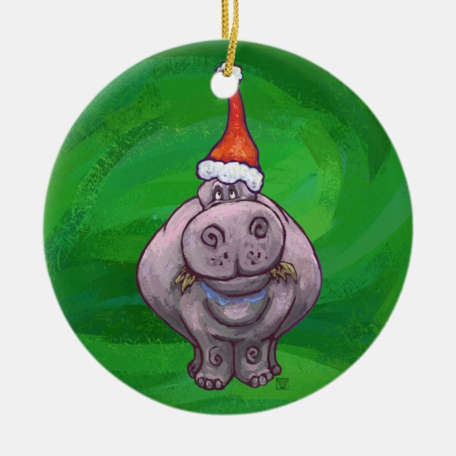 Festive Heads and Tails Hippo On Green Ceramic Ornament (Front)