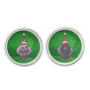 Festive Heads and Tails Hippo On Green Cufflinks