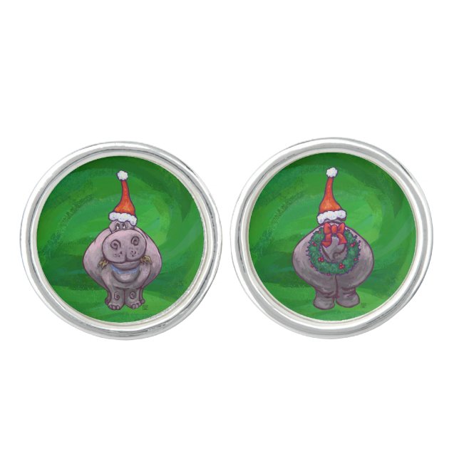 Festive Heads and Tails Hippo On Green Cufflinks (Front)