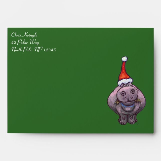 Festive Heads and Tails Hippo On Green Envelope (Front)