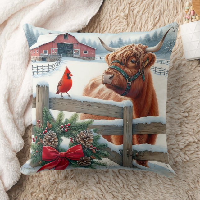 Festive Highland Cow and Cardinal Christmas Throw Pillow (Blanket)